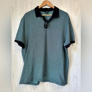 Express Men’s Knit Polo Shirt
Size Large Teal & Black Geometric Pattern NWT